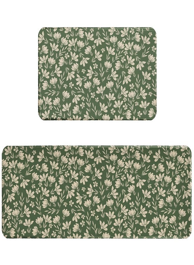 Aytipun Spring Sage Green Kitchen Rugs for Floor Set of 2 Vintage Flower Old Style Cute Cream Floral Decorative Kitchen Mats Non Slip Rustic Farmhouse Kitchen Decor Runner Rugs, 17x47 inch and 17x30 inch - Image 1