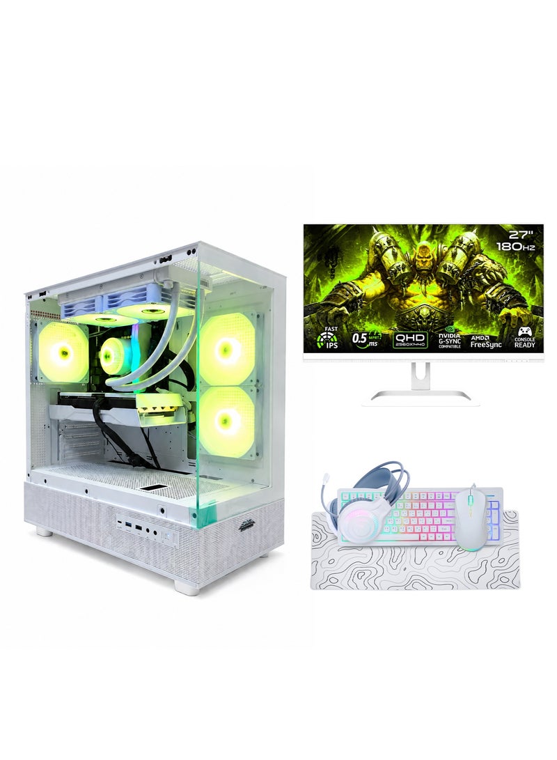 عرب جيمرز مجموعة كمبيوتر ألعاب متكاملة بمعالج Intel Core i5-14400F وبطاقة رسومات NVIDIA RTX 5060 Ti 8GB مع شاشة 27 بوصة 180 هرتز FHD وذاكرة وصول عشوائي 16 جيجابايت وقرص SSD NVMe بسعة 1 تيرابايت ولوحة مفاتيح وماوس وسماعة رأس - أبيض - Image 1