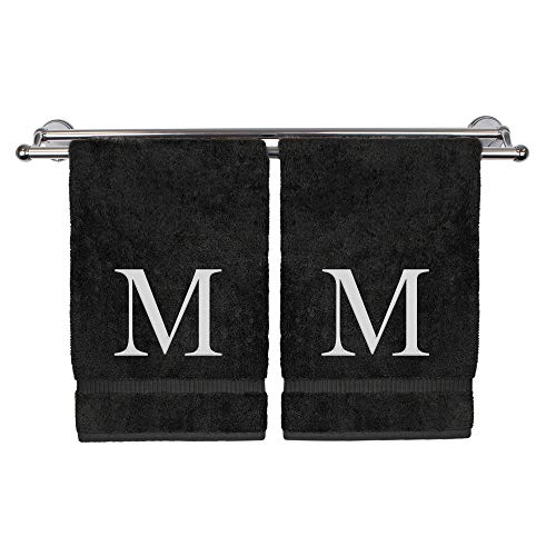 BC BARE COTTON Monogrammed Hand Towel, Personalized Gift, Set of 2- White Block Letter Embroidered Towel - Extra Absorbent 100% Turkish Cotton - Soft Terry Finish - Initial M Black - Image 1