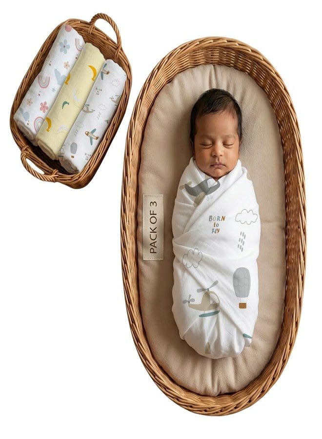Mookoo Muslin Swaddle for New Born Baby | Swaddle Wrap for Newborn | Soft Muslin Cloth Baby Wrapper Newborn | Pack of 3 | Airplane,Banana,Snail - Image 1