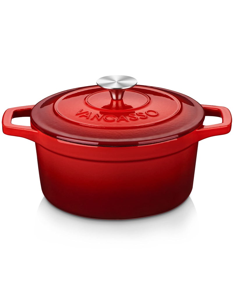 vancasso Enameled Cast Iron Dutch Oven with Lid 35 QT Small Round Enamel Dutch Oven Pot for Bread Baking Non Stick Enamel Coating Red
