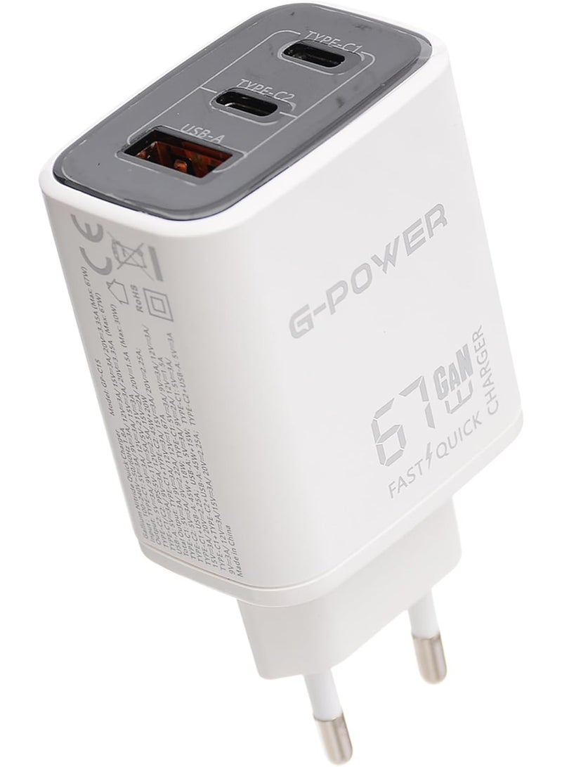 جي باور شاحن جي-باور GP-C15 بقوة 67 واط بثلاثة منافذ (USB-A ومنفذان USB-C) يدعم تقنية الشحن السريع كوالكوم 3.0، متوافق مع أجهزة ماك بوك برو، وآيباد، وجالاكسي، وبيكسل، وآيفون، وغيرها - أبيض وأسود - Image 1
