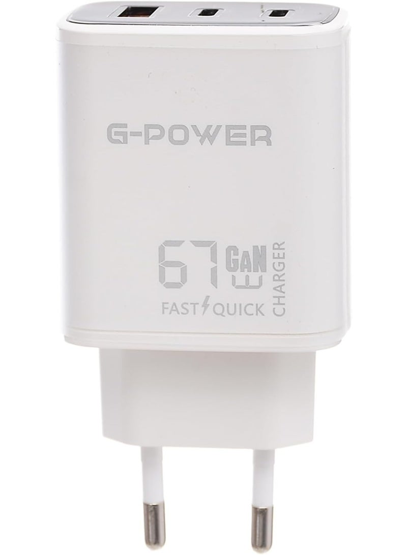 جي باور شاحن جي-باور GP-C15 بقوة 67 واط بثلاثة منافذ (USB-A ومنفذان USB-C) يدعم تقنية الشحن السريع كوالكوم 3.0، متوافق مع أجهزة ماك بوك برو، وآيباد، وجالاكسي، وبيكسل، وآيفون، وغيرها - أبيض وأسود - Image 2