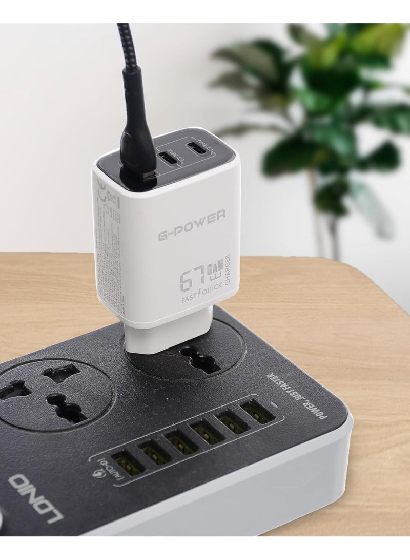 جي باور شاحن جي-باور GP-C15 بقوة 67 واط بثلاثة منافذ (USB-A ومنفذان USB-C) يدعم تقنية الشحن السريع كوالكوم 3.0، متوافق مع أجهزة ماك بوك برو، وآيباد، وجالاكسي، وبيكسل، وآيفون، وغيرها - أبيض وأسود - Image 4