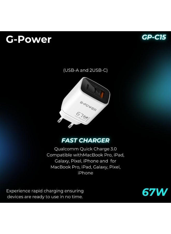 جي باور شاحن جي-باور GP-C15 بقوة 67 واط بثلاثة منافذ (USB-A ومنفذان USB-C) يدعم تقنية الشحن السريع كوالكوم 3.0، متوافق مع أجهزة ماك بوك برو، وآيباد، وجالاكسي، وبيكسل، وآيفون، وغيرها - أبيض وأسود - Image 5