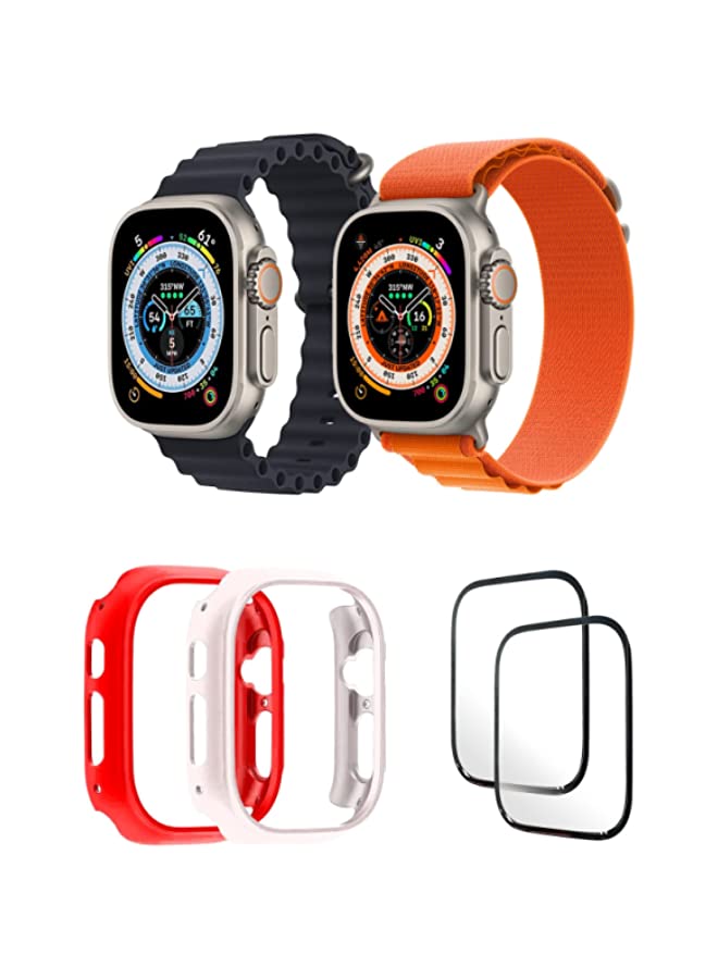 IAF Silicone Ocean Band Strap for iWatch Ultra 8 49mm,Nylon G-hook Loop Buckle Watch Strap, 49mm Black/Orange , Case Compatible with iWatch Ultra 49mm Red/Pink ,2* pcs Watch glass Set of 6
