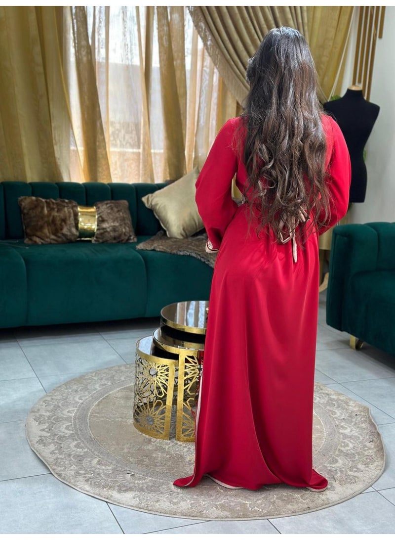 Al Merrakchiya Women’s Long Caftan / Kaftan Tunic Dress – Maxi Crepe Kaftan | Soft & Comfortable jalabiya For Womens | Modest Traditional Dress for Daily Wear - Red-CM5 - Image 5