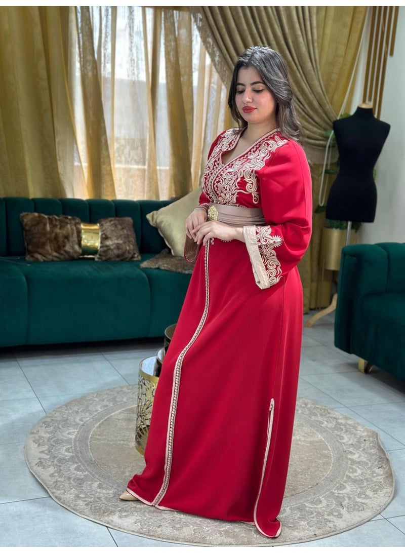 Al Merrakchiya Women’s Long Caftan / Kaftan Tunic Dress – Maxi Crepe Kaftan | Soft & Comfortable jalabiya For Womens | Modest Traditional Dress for Daily Wear - Red-CM5 - Image 4