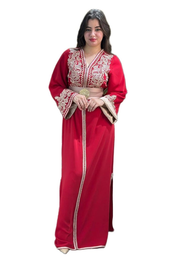 Al Merrakchiya Women’s Long Caftan / Kaftan Tunic Dress – Maxi Crepe Kaftan | Soft & Comfortable jalabiya For Womens | Modest Traditional Dress for Daily Wear - Red-CM5 - Image 1