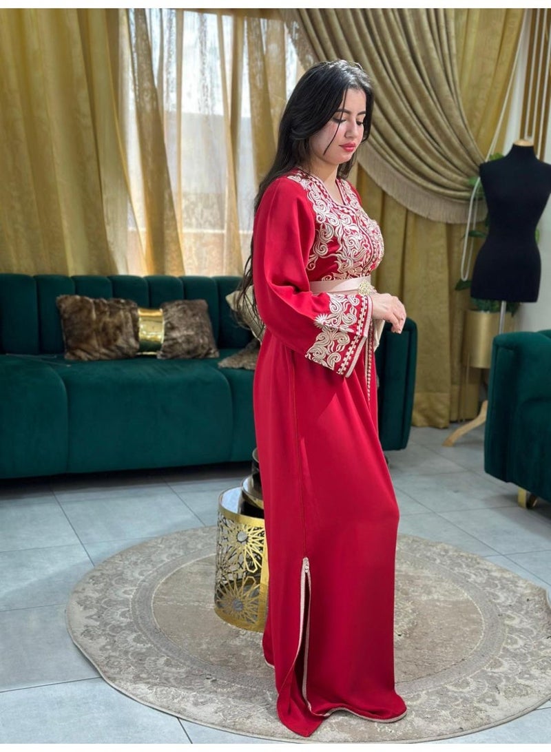 Al Merrakchiya Women’s Long Caftan / Kaftan Tunic Dress – Maxi Crepe Kaftan | Soft & Comfortable jalabiya For Womens | Modest Traditional Dress for Daily Wear - Red-CM5 - Image 2