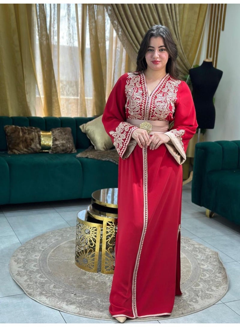 Al Merrakchiya Women’s Long Caftan / Kaftan Tunic Dress – Maxi Crepe Kaftan | Soft & Comfortable jalabiya For Womens | Modest Traditional Dress for Daily Wear - Red-CM5 - Image 3