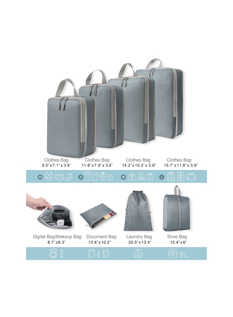 8-Piece Expandable Waterproof Compression Packing Cubes Set for Travel, Includes Shoe Bag and Laundry Bag - Essential Luggage Organizers for Suitcases (Grey) - Image 2