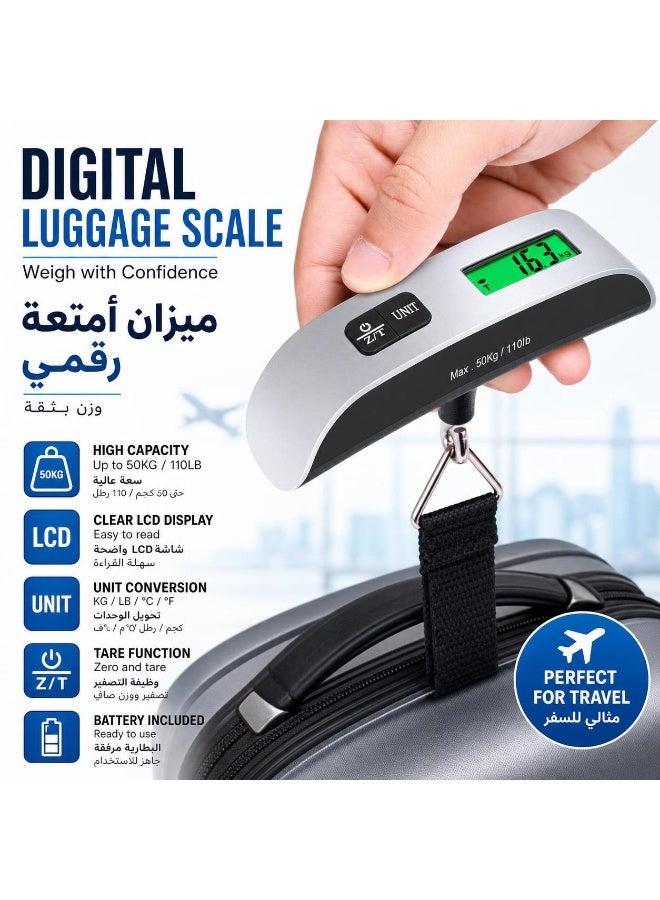 مقياس أمتعة رقمي، ميزان إلكتروني محمول لحقيبة الأمتعة، ميزان حقيبة السفر مع مستشعر درجة الحرارة وسعة 110 رطل، ميزان وزن الأمتعة المعلق للسفر - يحتوي على بطارية - Image 1