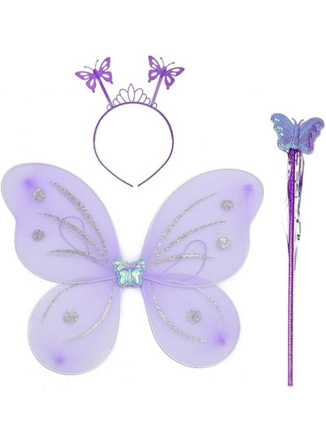 Butterfly Fairy Angel Wings Set for Girls – Costume Dress-Up Set with Wings, Wand and Headband, 3-Piece Satin Costume Accessories for Kids (Purple) - Image 1