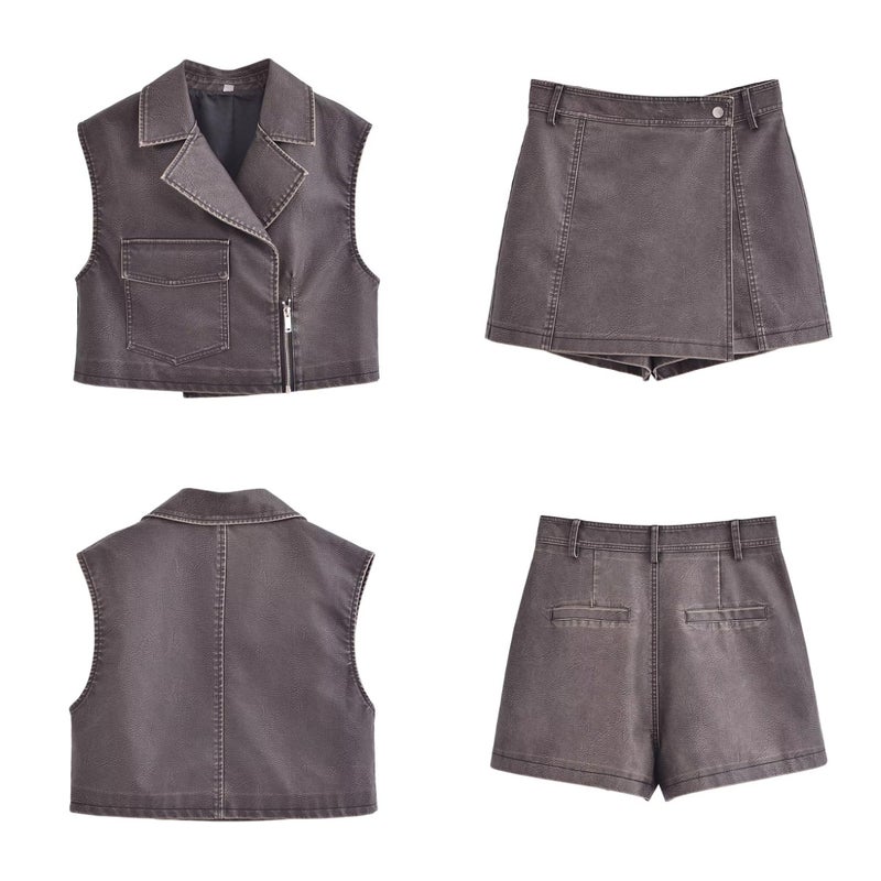 2024 spring new European and American cross-border Womens personalized washed faux leather vest + culottes suit 68449PU culottes - Image 3