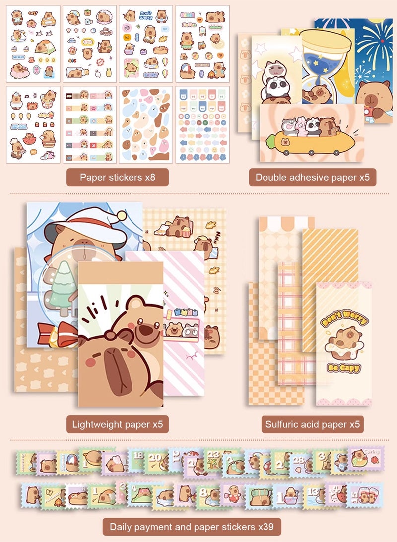 Vintage Aesthetic Scrapbook Kit(186pcs), CAPYBARA Theme Journal Kit with Journaling/Scrapbooking Supplies, Stationery, A6 Grid Notebook Graph Ruled Pages.DIY Gift for Teen Girl Kid Women. - Image 3