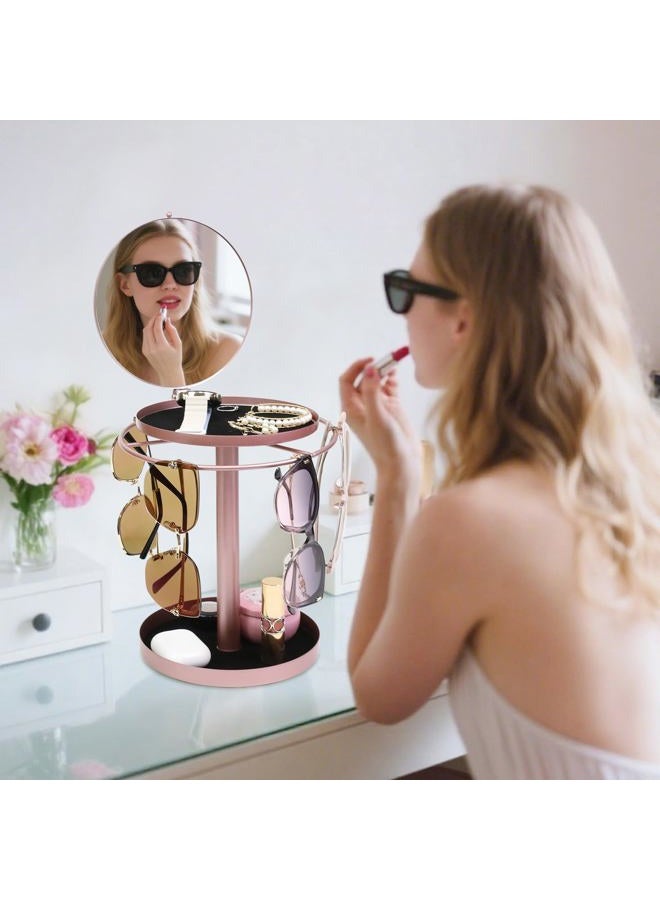 FlyingMage 360° Rotating Sunglasses Organizer With Mirror, Metal Glasses Holder Stand, Sunglass Storage Display Eyewear Eyeglasses Rack with Tray for Desk Nightstand Dresser Table Countertop Bedroom, Rose Gold - Image 2