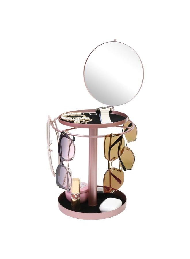 FlyingMage 360° Rotating Sunglasses Organizer With Mirror, Metal Glasses Holder Stand, Sunglass Storage Display Eyewear Eyeglasses Rack with Tray for Desk Nightstand Dresser Table Countertop Bedroom, Rose Gold - Image 1