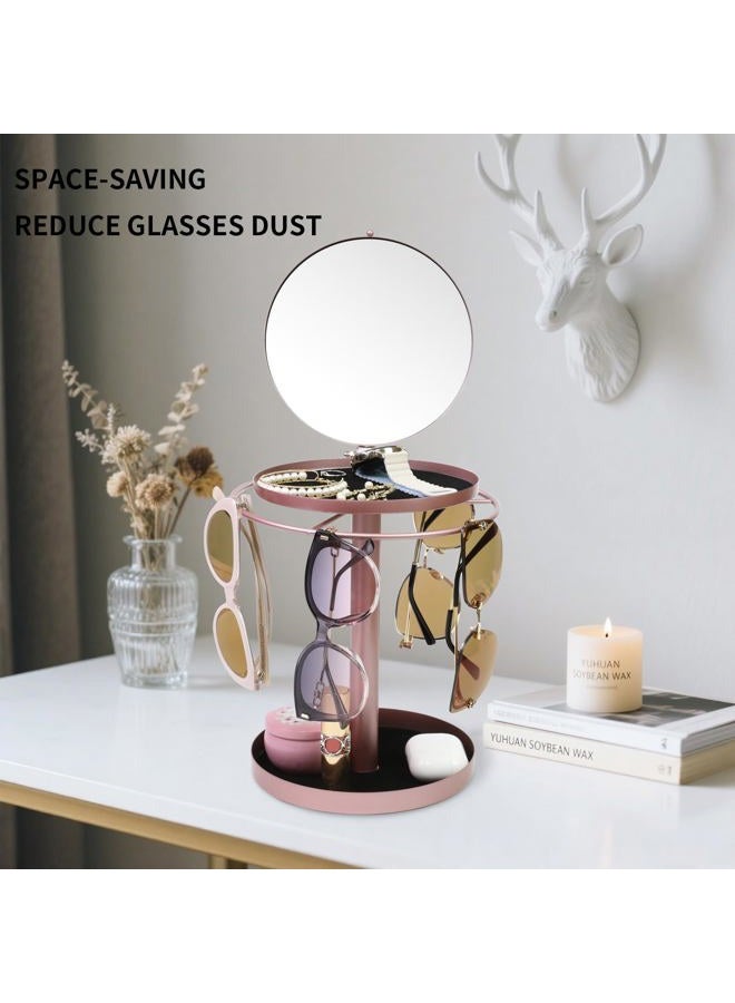 FlyingMage 360° Rotating Sunglasses Organizer With Mirror, Metal Glasses Holder Stand, Sunglass Storage Display Eyewear Eyeglasses Rack with Tray for Desk Nightstand Dresser Table Countertop Bedroom, Rose Gold - Image 3