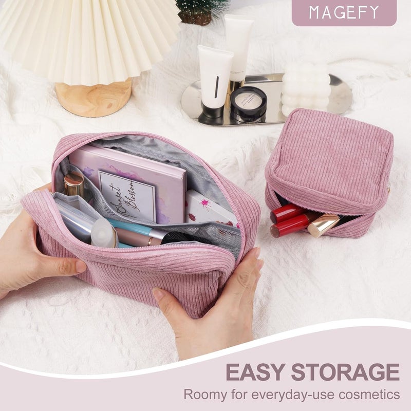 MAGEFY Small Makeup Bag Corduroy Make up Bag with Compartments Travel Cosmetics Bag for Women Girls Makeup Pouch, Small+large-pink-2pcs, Well-made Compact Size Corduroy Makeup Bags for Storage - Image 3