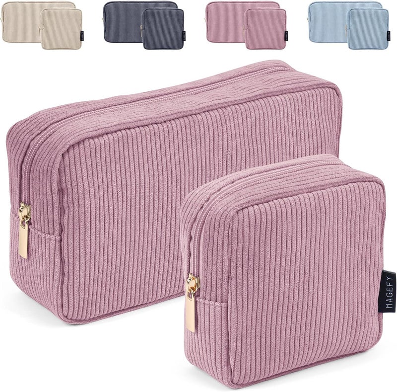 MAGEFY Small Makeup Bag Corduroy Make up Bag with Compartments Travel Cosmetics Bag for Women Girls Makeup Pouch, Small+large-pink-2pcs, Well-made Compact Size Corduroy Makeup Bags for Storage - Image 1
