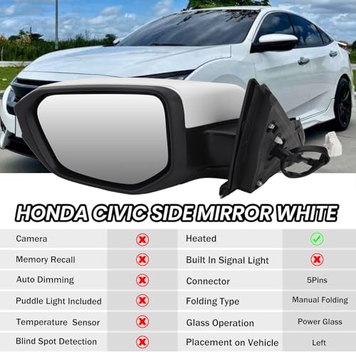 MOFOAP Driver Side View Mirror Compatible with 2016-2021 Honda Civic Power Heated,Civic Side Mirror Left Replace# 76258TBAC02ZA, 5Pins-Heated（White） - Image 2