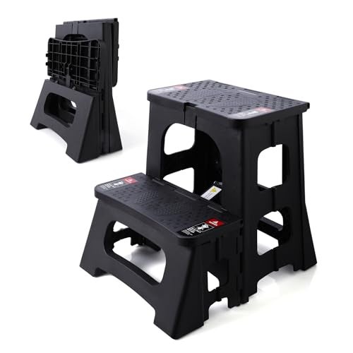 STOODER Folding 2Step Stool  Upgraded Stable AFrame Safety Lock AntiSlip Rubber Feet 300lb Capacity No Assembly  8 17 Step Stools for Kitchen Bathroom Bed RV Home Office Black