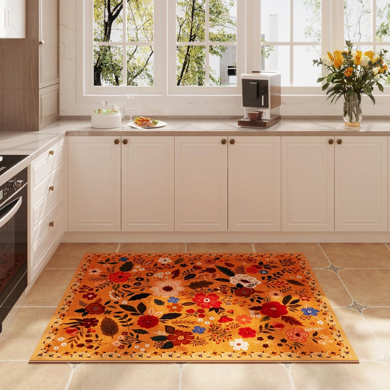 Rugcomf Door Mat Indoor Entrance 2x3 Rug Machine Washable Boho Floral Small Area Rug Non-Slip Low Pile Throw Rugs for Entryway, Kitchen, Front Door Indoor Entrance, Entry, Kids Room (Yellow) - Image 5
