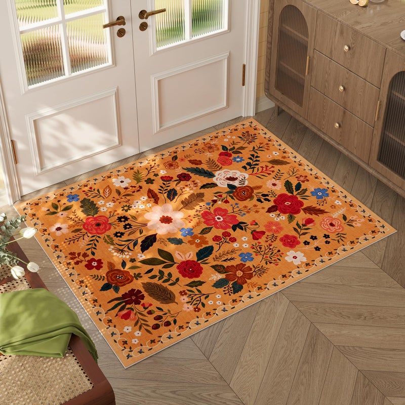 Rugcomf Door Mat Indoor Entrance 2x3 Rug Machine Washable Boho Floral Small Area Rug Non-Slip Low Pile Throw Rugs for Entryway, Kitchen, Front Door Indoor Entrance, Entry, Kids Room (Yellow) - Image 1