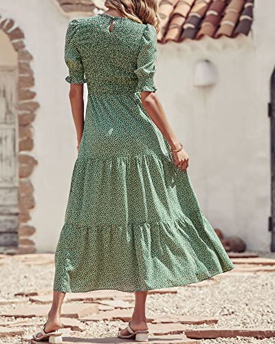 BTFBM Women Casual Summer Dresses 2025 Spring Crew Neck Ruffle Short Sleeve Floral Print Smocked Boho Flowy Maxi Dress(Dot Green White, Small) - Image 4
