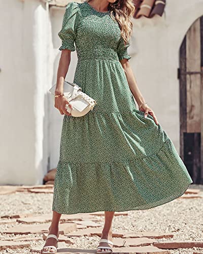 BTFBM Women Casual Summer Dresses 2025 Spring Crew Neck Ruffle Short Sleeve Floral Print Smocked Boho Flowy Maxi Dress(Dot Green White, Small) - Image 2