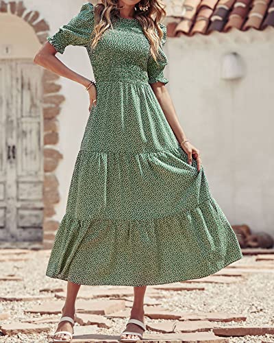 BTFBM Women Casual Summer Dresses 2025 Spring Crew Neck Ruffle Short Sleeve Floral Print Smocked Boho Flowy Maxi Dress(Dot Green White, Small) - Image 3