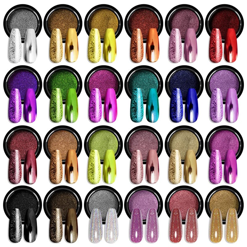 SAVILAND Chrome Nail Powder Set: 24 Colors Metallic Mirror Effect Iridescent Chrome Powder for Gel Polish Holographic Chameleon Nail Art Decoration Glitter Pigment Dust DIY Manicure Kit Home Salon Use - Image 1