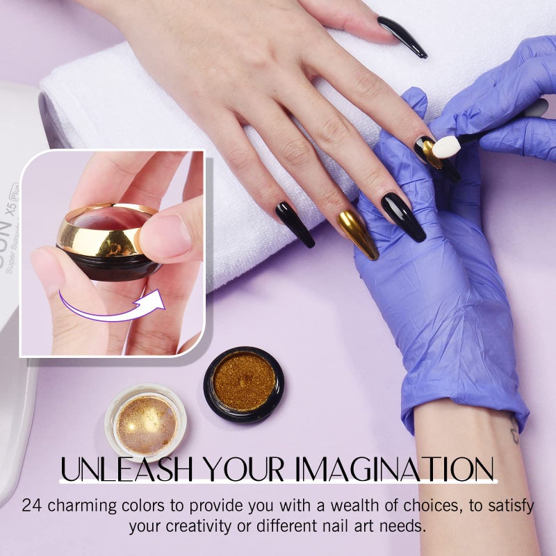 SAVILAND Chrome Nail Powder Set: 24 Colors Metallic Mirror Effect Iridescent Chrome Powder for Gel Polish Holographic Chameleon Nail Art Decoration Glitter Pigment Dust DIY Manicure Kit Home Salon Use - Image 4