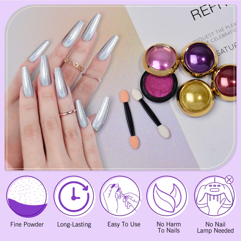 SAVILAND Chrome Nail Powder Set: 24 Colors Metallic Mirror Effect Iridescent Chrome Powder for Gel Polish Holographic Chameleon Nail Art Decoration Glitter Pigment Dust DIY Manicure Kit Home Salon Use - Image 5