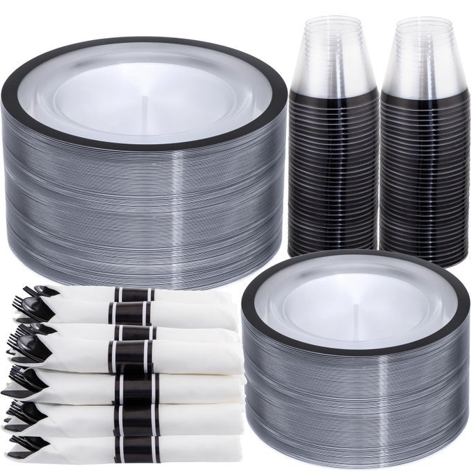350 PCS CLEAR AND BLACK PLASTIC PLATESBLACK DINNERWARE SET INCLUDE 50 DINNER AND 50 DESSERT PLATES50 PLASTIC CUPS50 PER ROLLED NAPKINS WITH CUTLERY FOR PARTY