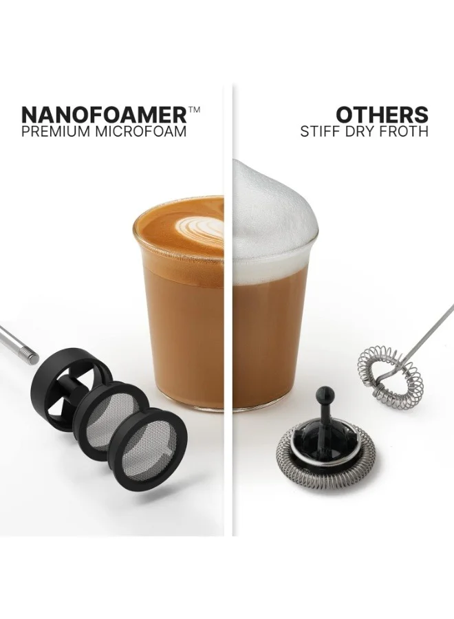 صبمينيمال NanoFoamer V2 - صانع رغوة القهوة المحمول، للكابتشينو أو كافيه لاتيه، يعمل بالبطارية (2xAA)، مع شاشتين نانوية رفيعة وفائقة الدقة | لعشاق القهوة وباريستا