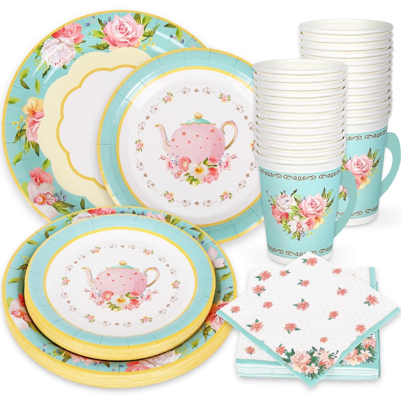 Whaline Tea Party Tableware Supplies Serves 24 Floral Tea Party Disposable Paper Dinnerware 24 9 Plates 24 7 Saucer Plate 24 9oz Tea Cups with Handle 48 Luncheon Napkins for Birthday Bridal Shower