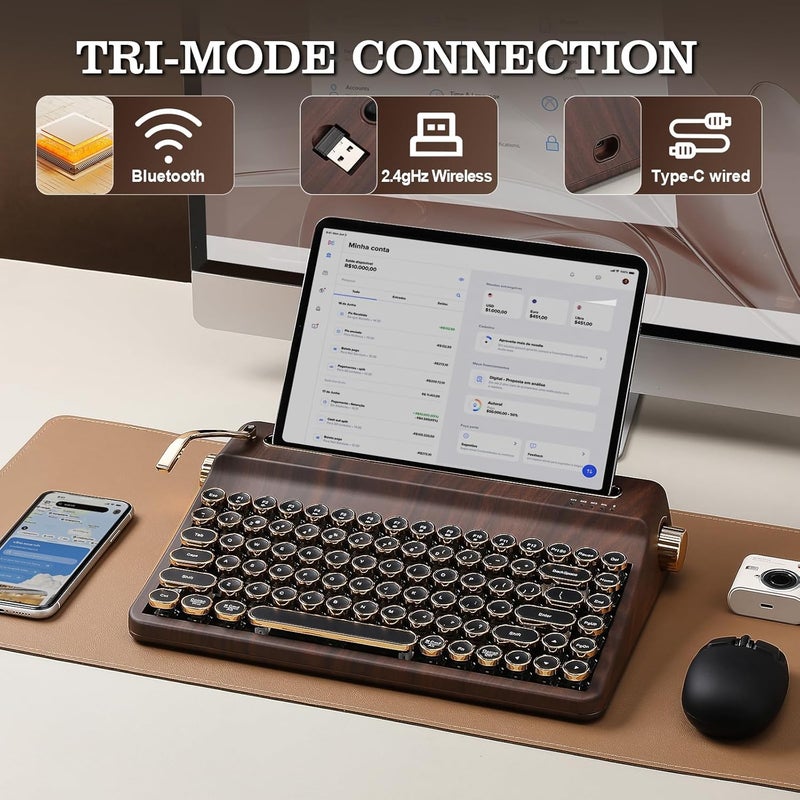 لوحة مفاتيح YUNZII QL75 Retro Typewriter بتقنية الاستبدال السريع (Hot Swap) مع إضاءة RGB (لون الخشب، كريم الكاكاو، الإصدار V2) | مزودة بقاعدة مدمجة، أزرار دائرية على طراز “بانك” (Punk style), قابلة للبرمجة عبر تقنيات QMK/VIA، وتدعم الإضاءة RGB لعدة أجهزة، بتوصيلات 2.4GHz/Type-C/BT5.0 - Image 4