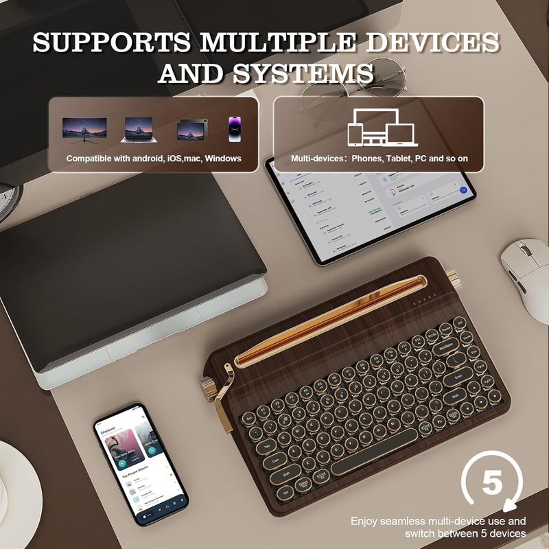 لوحة مفاتيح YUNZII QL75 Retro Typewriter بتقنية الاستبدال السريع (Hot Swap) مع إضاءة RGB (لون الخشب، كريم الكاكاو، الإصدار V2) | مزودة بقاعدة مدمجة، أزرار دائرية على طراز “بانك” (Punk style), قابلة للبرمجة عبر تقنيات QMK/VIA، وتدعم الإضاءة RGB لعدة أجهزة، بتوصيلات 2.4GHz/Type-C/BT5.0 - Image 5