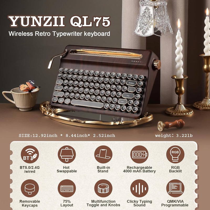 لوحة مفاتيح YUNZII QL75 Retro Typewriter بتقنية الاستبدال السريع (Hot Swap) مع إضاءة RGB (لون الخشب، كريم الكاكاو، الإصدار V2) | مزودة بقاعدة مدمجة، أزرار دائرية على طراز “بانك” (Punk style), قابلة للبرمجة عبر تقنيات QMK/VIA، وتدعم الإضاءة RGB لعدة أجهزة، بتوصيلات 2.4GHz/Type-C/BT5.0 - Image 2