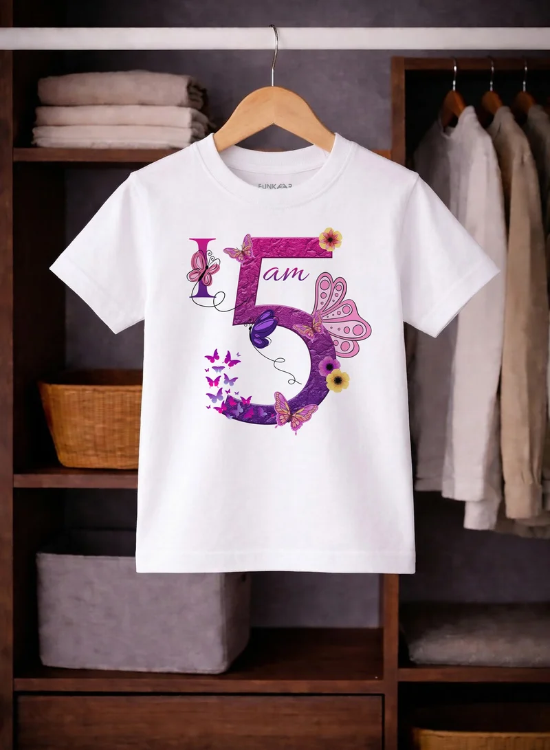 Funkaar Funkaar Birthday Girl, 5th Year Butterfly Birthday Graphic Print T-Shirt