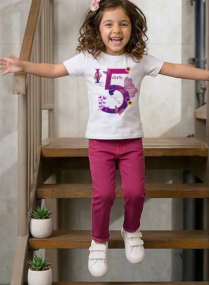 Funkaar Funkaar Birthday Girl, 5th Year Butterfly Birthday Graphic Print T-Shirt