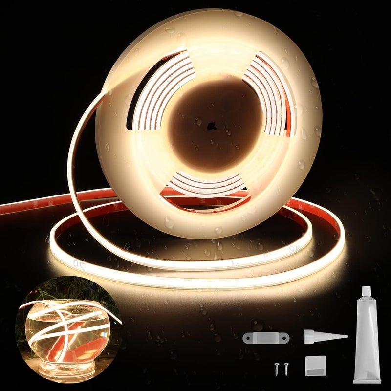 أضواء شريط LED COB 16.4 قدم/5 متر، معتمدة من UL 4000K شريط أضواء LED مقاوم للماء IP67، 528 LED/متر 24V ضوء حبل LED، عرض 10 مم وشريط لاصق 3M لديكور الإضاءة الداخلية والخارجية (لا يشمل مصدر الطاقة) - Image 1