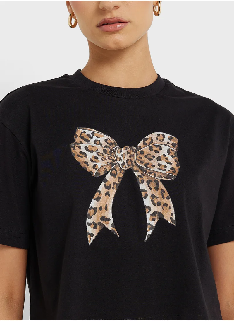 جينجر Crew Neck Oversize Leopard Bow Print T-Shirt