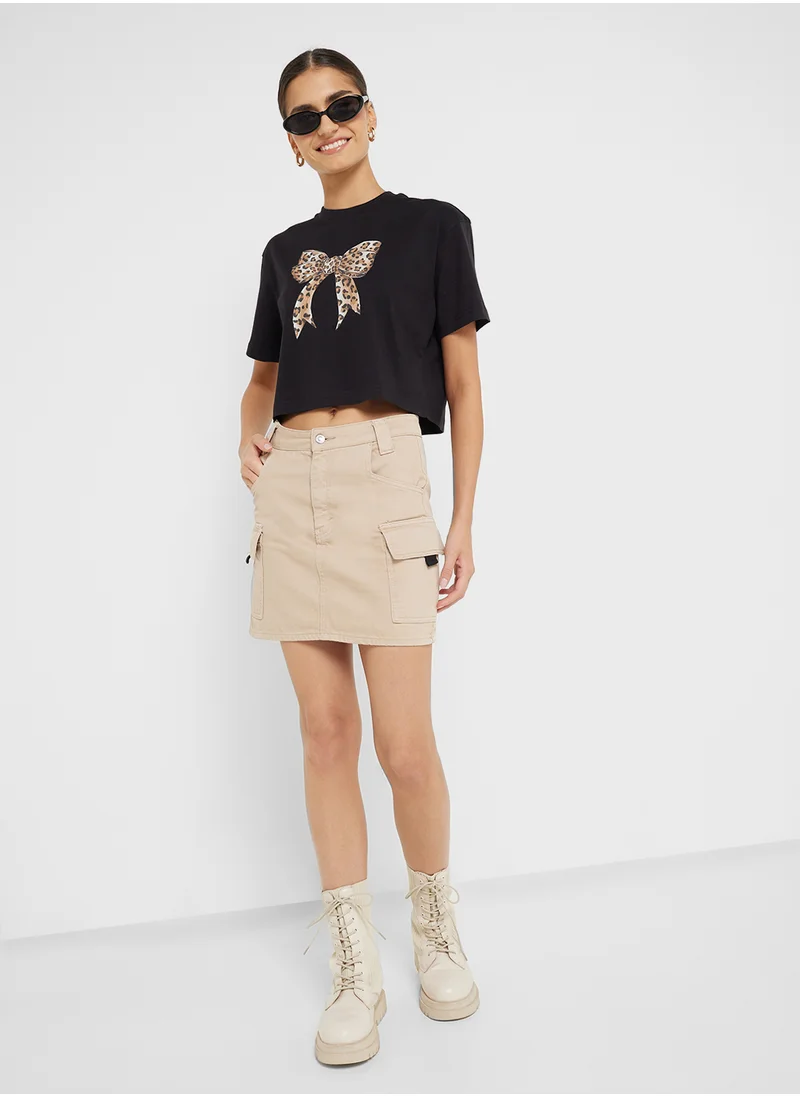 جينجر Crew Neck Oversize Leopard Bow Print T-Shirt