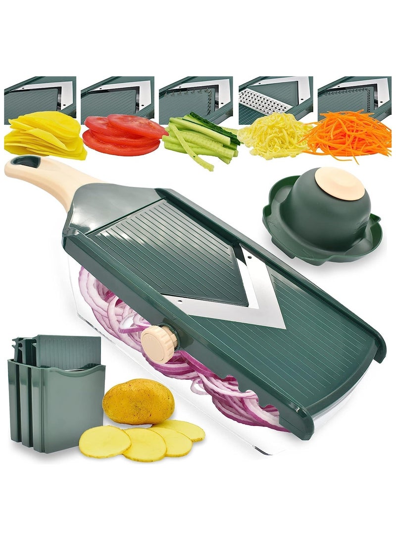 ارواق قطاعة مندولين قابلة للتعديل للمطبخ، قطاعة خضروات حادة للغاية على شكل حرف V مع حاوية قطاعة خضروات، قطاعة جوليان، قطاعة بطاطس لتقطيع خيار التفاح والبصل والطماطم - Image 1