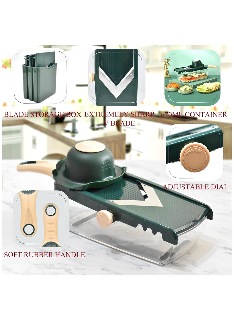 ارواق قطاعة مندولين قابلة للتعديل للمطبخ، قطاعة خضروات حادة للغاية على شكل حرف V مع حاوية قطاعة خضروات، قطاعة جوليان، قطاعة بطاطس لتقطيع خيار التفاح والبصل والطماطم - Image 3