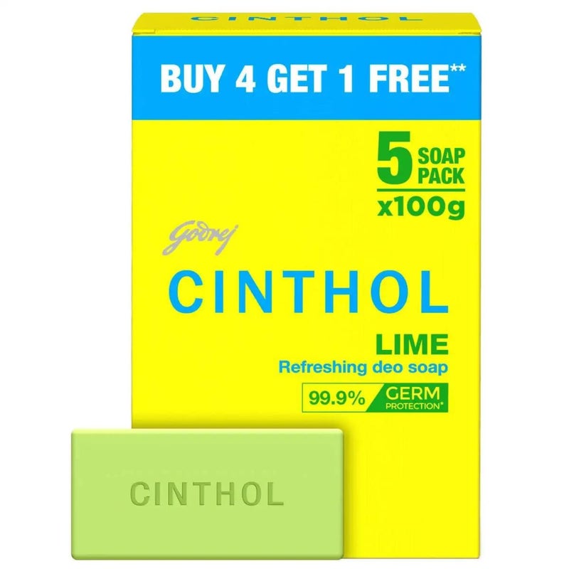 Cinthol صابون استحمام سينثول بالليمون 100 جرام عبوة من 5 عطر ليموني درجة 1 صابون لجميع أنواع البشرة - Image 1
