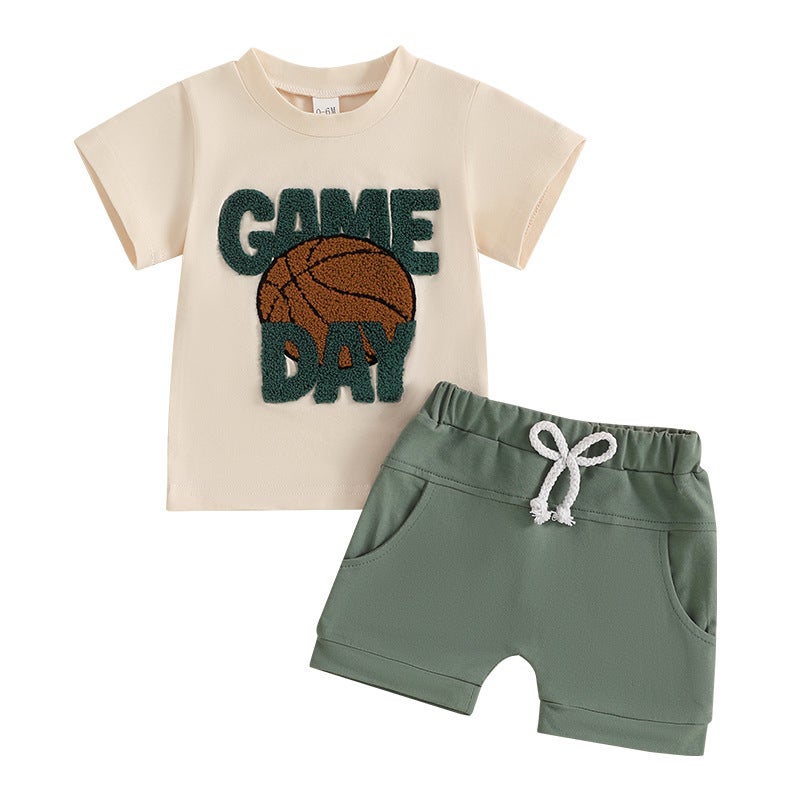 Cross-Border Children''s Clothing 2025 Summer Basketball Embroidered Short-Sleeved Tops and Shorts Two-Piece Boys'' Sports Style Suit - Image 1